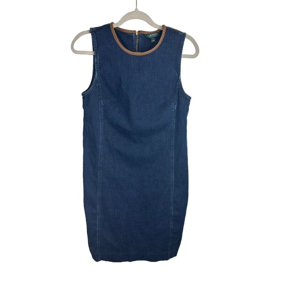 Ralph Lauren LRL Womens Dark Denim Sleeveless Tank Dress Sheep Leather Trim Sz 6